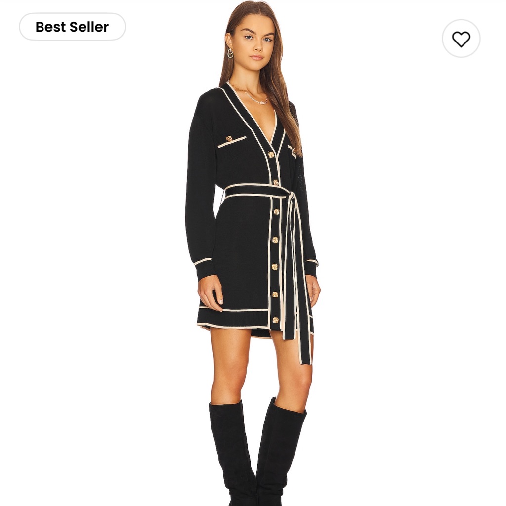 Lovers + Friends Black Knit Button-Front Belted Mini Dress With Cream Trim